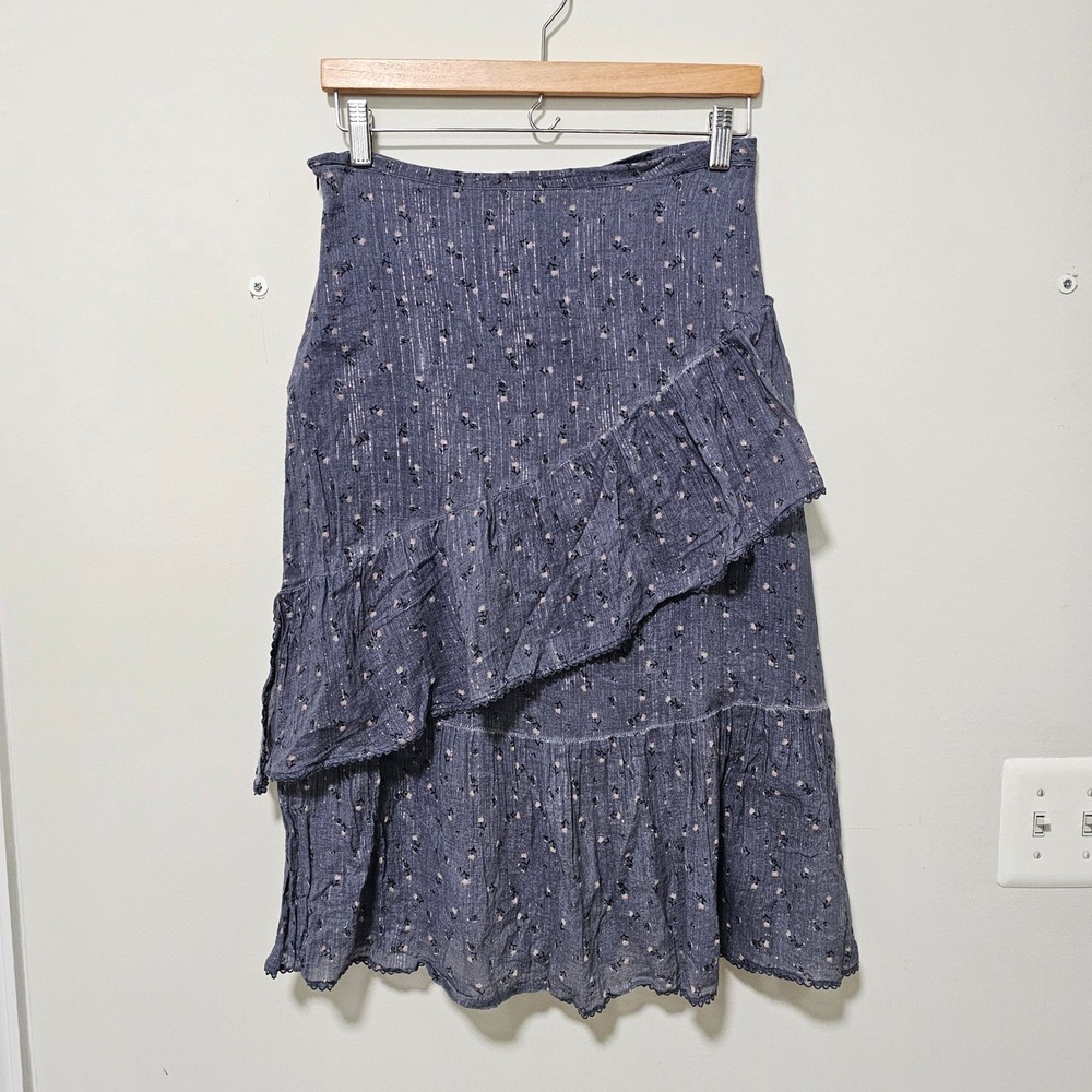 Dolan S Skirt Blue Floral Metallic Ruffle Tiered Midi Boho Y2K Country Cowgirl